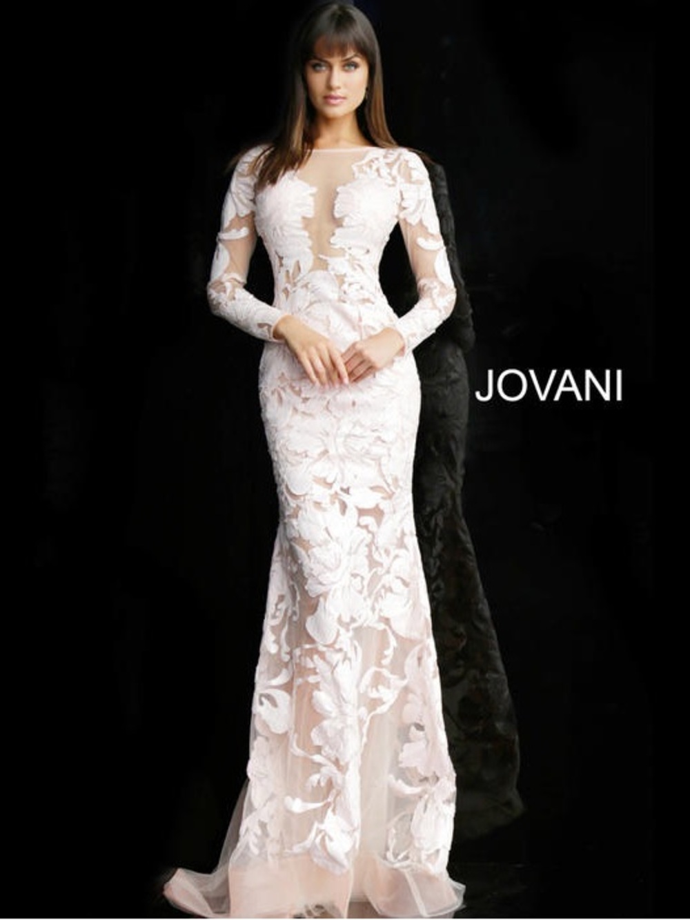 Jovani Long Sleeve Floral Appliqué Gown - Light Pink 60825